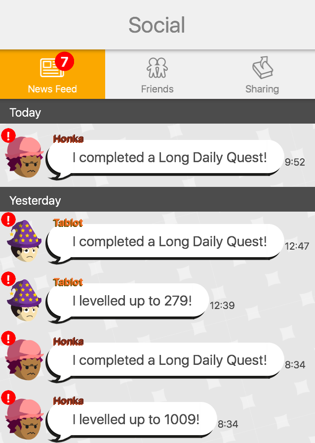 Study Quest app screenshot of friends newsfeed events